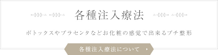 各種注入療法 ～ボトックスやプラセンタなど、お化粧感覚で出来るプチ整形～ 各種注入療法について